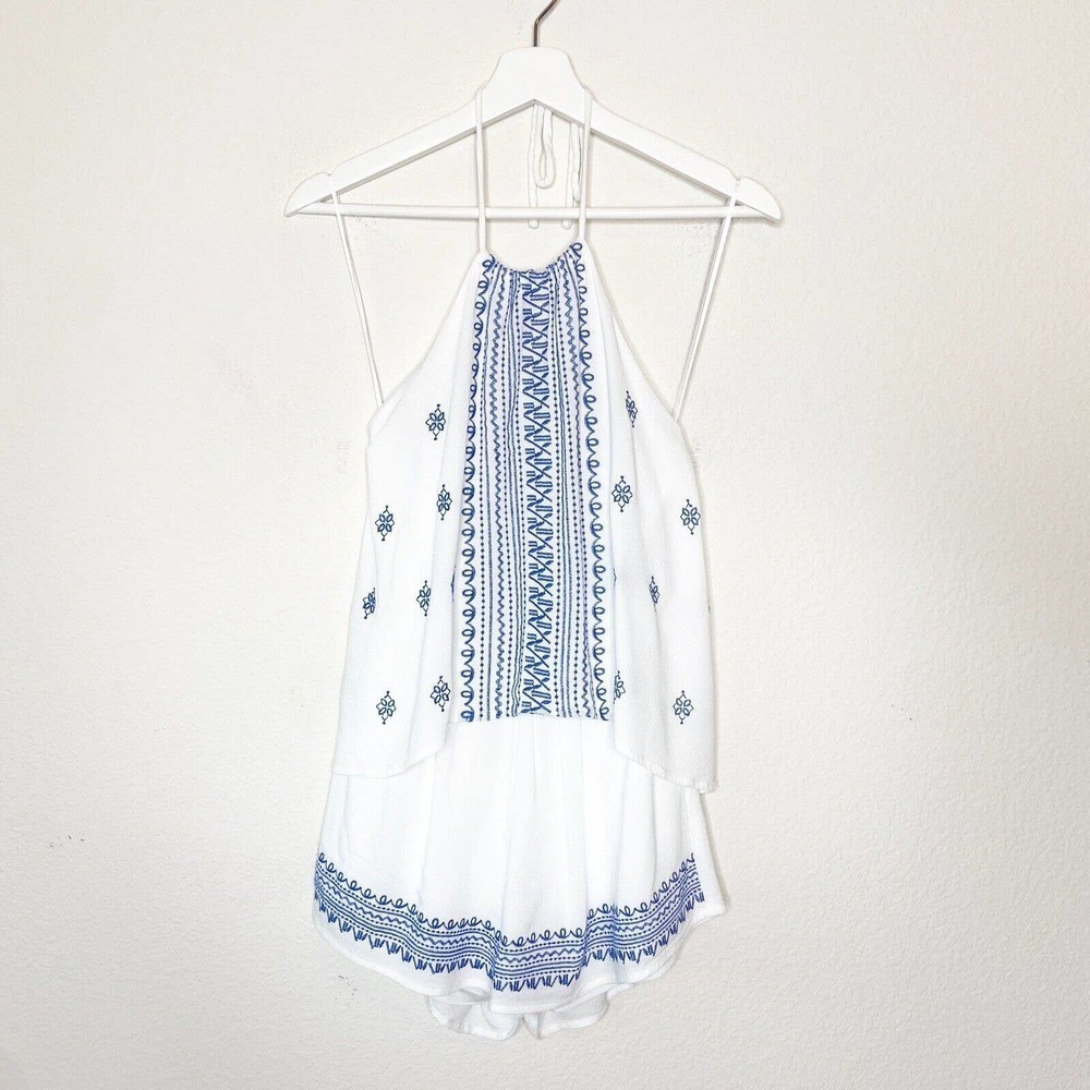 Chelsea & Violet Embroidered Tie Neck Halter Elastic Open Back White Romper S
